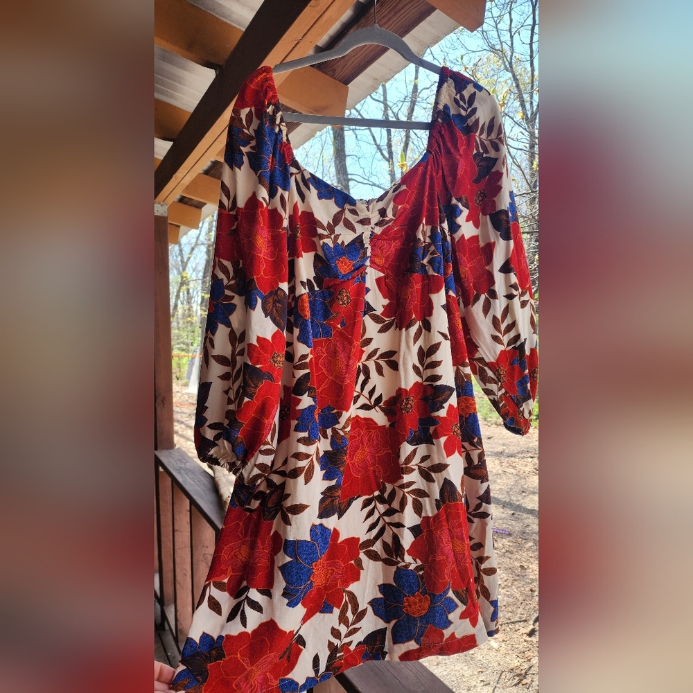 Maurices Cream Floral Mini Dress with Red & Blue Flower Print